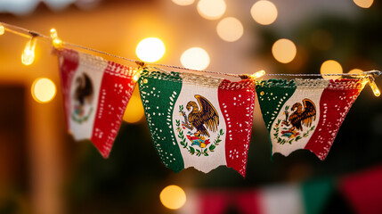 Colorful decorations celebrate Mexican Independence Day with lights and vibrant banners