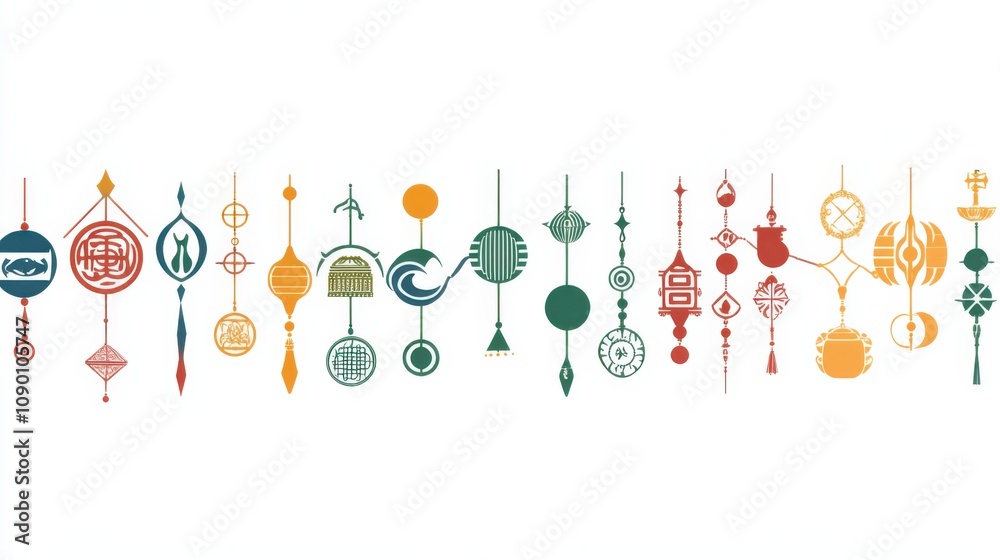 Poster A row of different cultural symbols merging into a common thread, highlighting the interconnectedness and unity of global traditions, minimalistic style