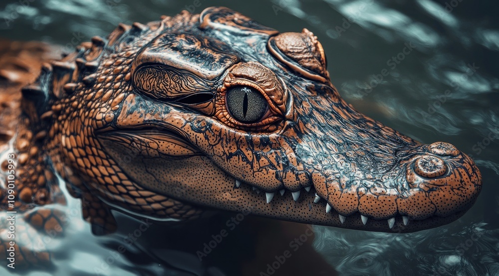 Aufkleber a close-up of a crocodile's head partially submerged in water.