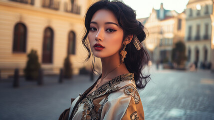 Fototapeta premium Beautiful Asian Woman in a Stylish Outfit on a City Street