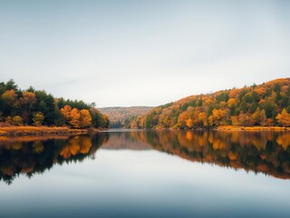 Obraz premium *Calm lake with reflected autumn foliage and lush greenery in the surrounding forest, wildlife refuge, nature scene