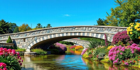 Fototapeta premium Curved stone bridge crosses over river to a beautiful and colorful floral garden, flowers, landscape, picturesque