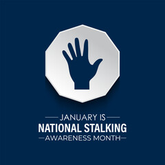 Obraz premium Vector graphic of National Stalking Awareness Month banner design template. Realistic Ribbon, hands icon and colourfull backgraound. Design for cards, prints, social media, poster, flyer.