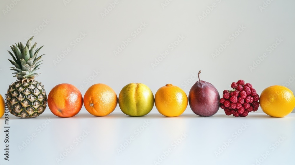 Poster a row of different fruits on a table, representing the variety and richness of global cultures, mini