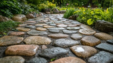 Naklejka premium Weathered Cobblestone Path Glistening with Morning Dew in a Lush Garden Setting, Inviting Afternoon Stroll Amidst Greenery and Blossoms