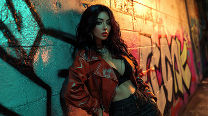 Stylish Woman in Red Leather Jacket against Graffiti Wall