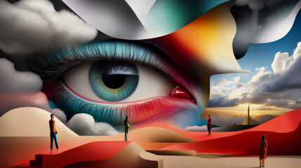 The Eye of the Beholder: A surreal and captivating abstract artwork featuring a giant eye peering through a swirling landscape of clouds and sand dunes, symbolizing perception, perspective.