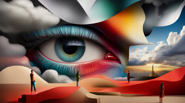 The Eye of the Beholder: A surreal and captivating abstract artwork featuring a giant eye peering through a swirling landscape of clouds and sand dunes, symbolizing perception, perspective.