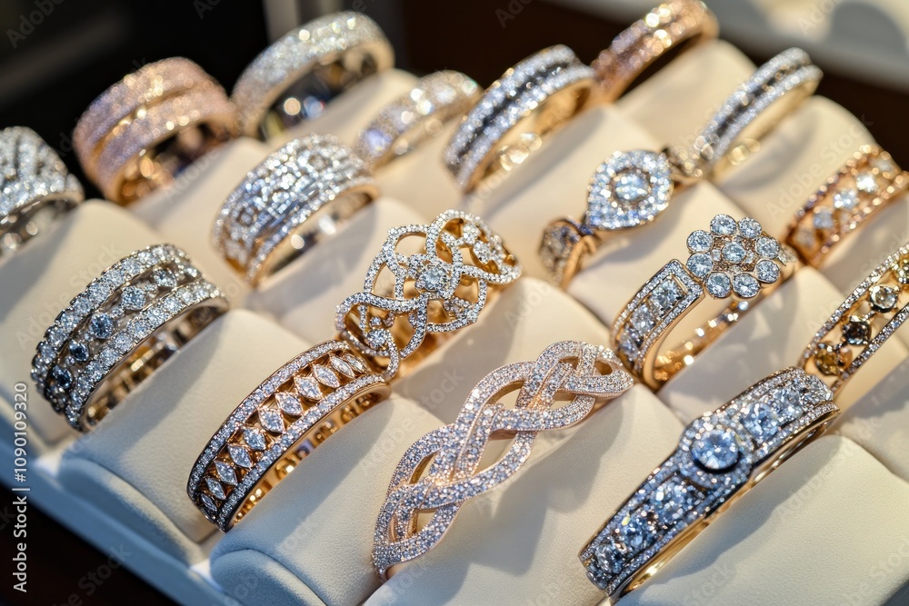 Poster a display of elegant rings featuring intricate designs and sparkling gemstones.