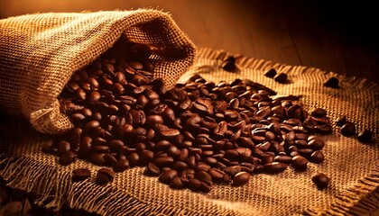 Coffee beans scattered on a burlap sack, with soft lighting. generative ai