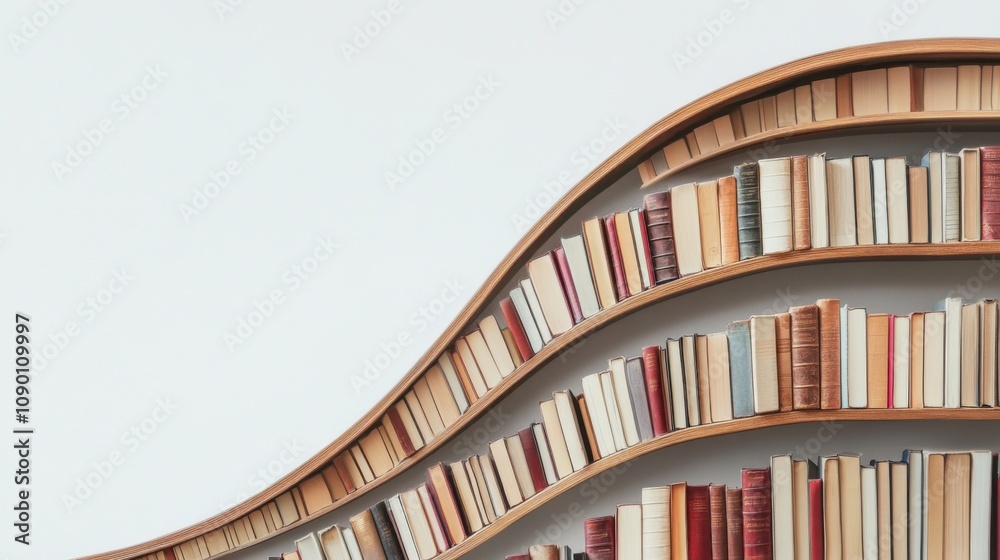 Poster A row of varied bookshelves forming an arc, Representing the wealth of knowledge and perspectives through inclusivity, minimalistic style
