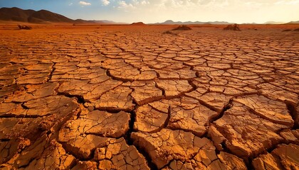 Cracked earth texture in a dry desert landscape, emphasizing lines and depth. generative ai