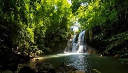 Describe a hidden waterfall in a lush jungle, with sparkling water and vibrant greenery. generative ai