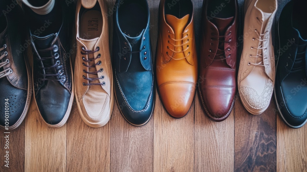 Poster A row of various shoes lined up, Representing the different paths and journeys of individuals, minimalistic style