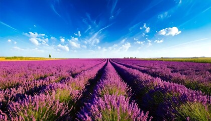 Field of lavender under a clear blue sky, with a gentle breeze effect. generative ai