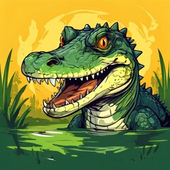 Obraz premium the AI Image Generator, Cartoon Crocodile in a Lush Swamp Setting