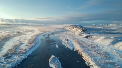 Obraz premium Aerial view of a snowy river winding through a winter landscape.