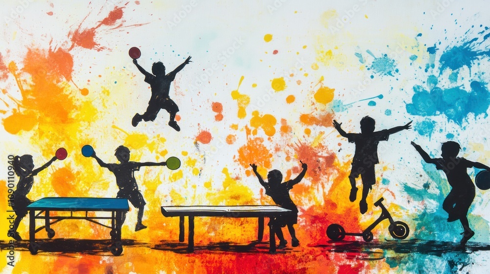 Aufkleber silhouettes of children playing and jumping against a colorful splash background.