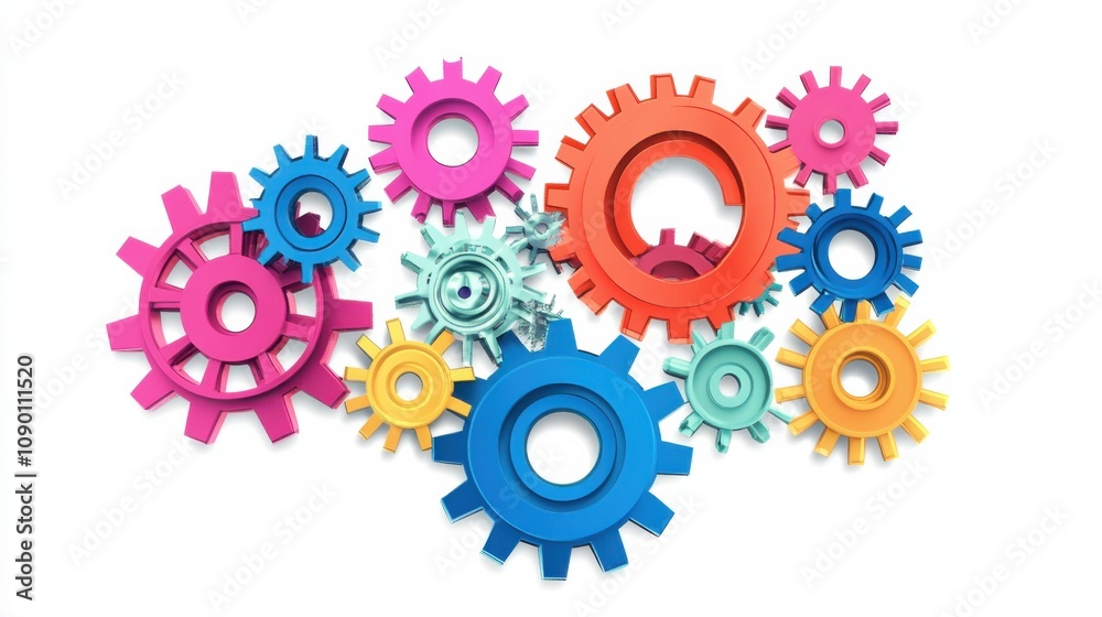 Poster A set of colorful gears meshing together, Highlighting the interdependence and cooperation in diverse communities, minimalistic style