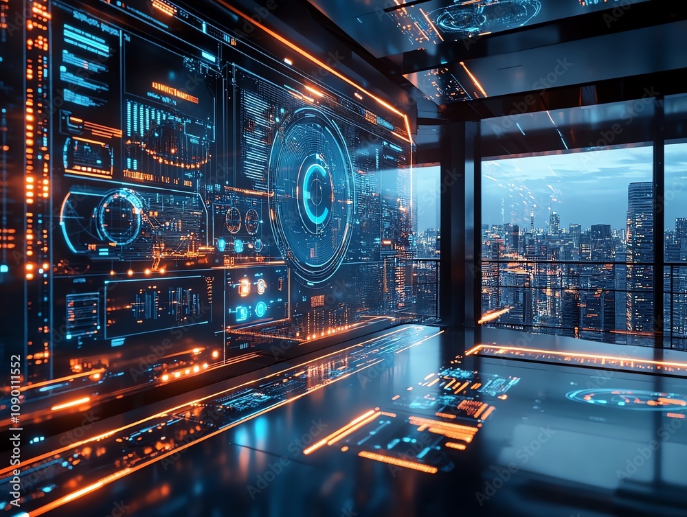 Fototapete Futuristic control room with city view; digital interface displays data and graphs.