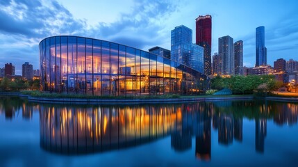 Obraz premium Modern glass building reflecting in a lake at sunset with a city skyline in the background.