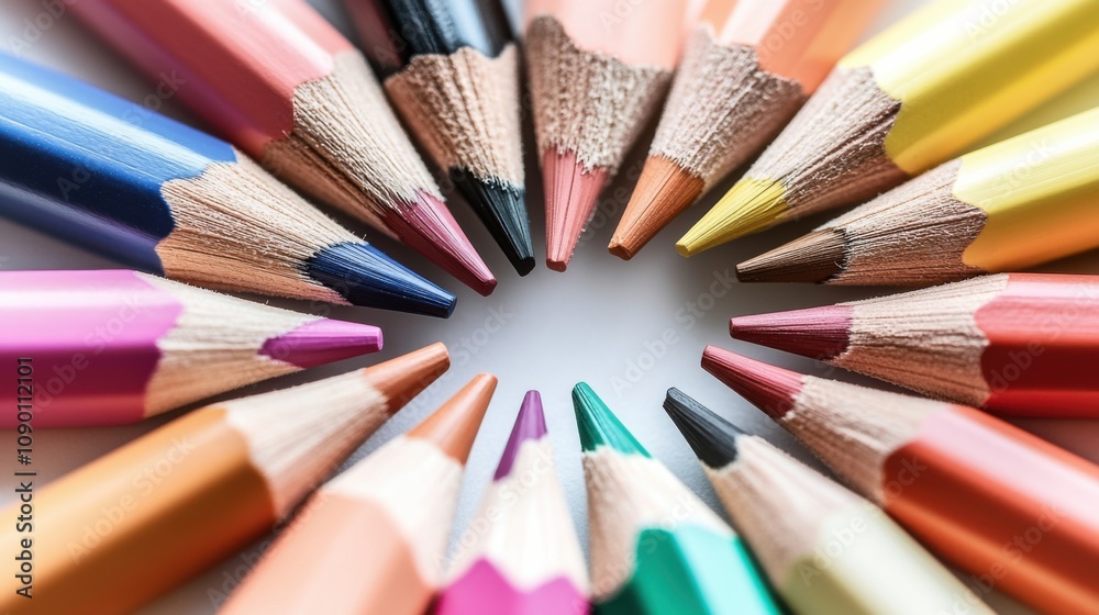 Poster a set of different colored pencils arranged in a circle, symbolizing creativity and diversity of tho