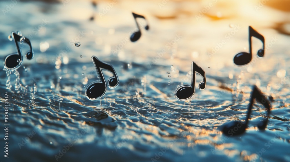 Poster A set of different musical notes floating on water, Highlighting the harmony created by diverse voices and contributions, minimalistic style