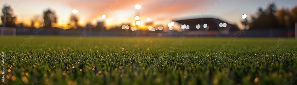 Poster a close-up view of a sports field with artificial grass at sunset.