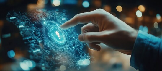 Interactive Futuristic Technology: A Hand Interacting with a Holographic Interface Showing a Warning Alert