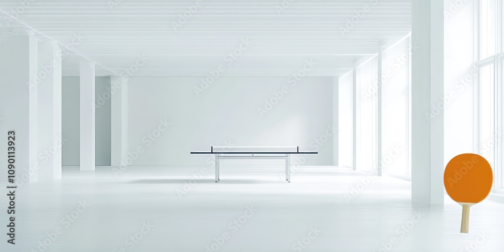 Aufkleber a minimalist room featuring a ping pong table and an orange paddle in a bright, open space.