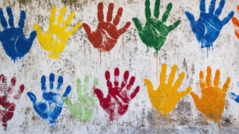 Poster a set of diverse handprints on a wall, representing the collective impact of different cultures and 