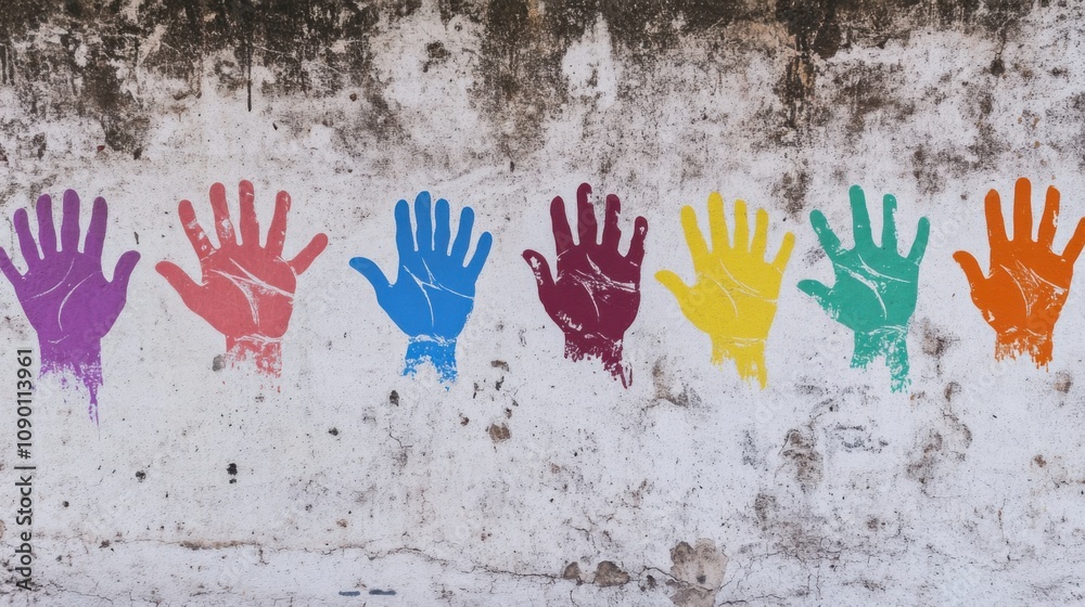 Poster a set of diverse handprints on a wall, representing the collective impact of different cultures and 