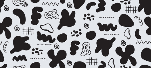 Fototapeta premium abstract seamless pattern for kids birthday party or celebration background, trendy design with scribble shapes on grey backdrop.