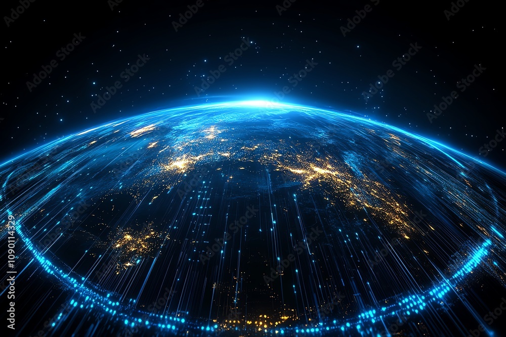 Poster futuristic glowing earth with digital data streams.