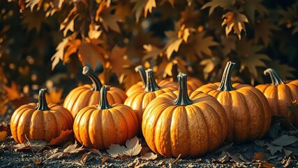 Naklejka premium A cluster of gleaming pumpkins rests against a backdrop of rustling leaves with deep golden hues in the fading light of day, seasonal decoration, nature scenes