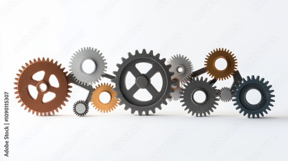 Aufkleber A set of interlocking gears of different sizes and colors, Symbolizing the interconnectedness and interdependence of diverse individuals, minimalist composition