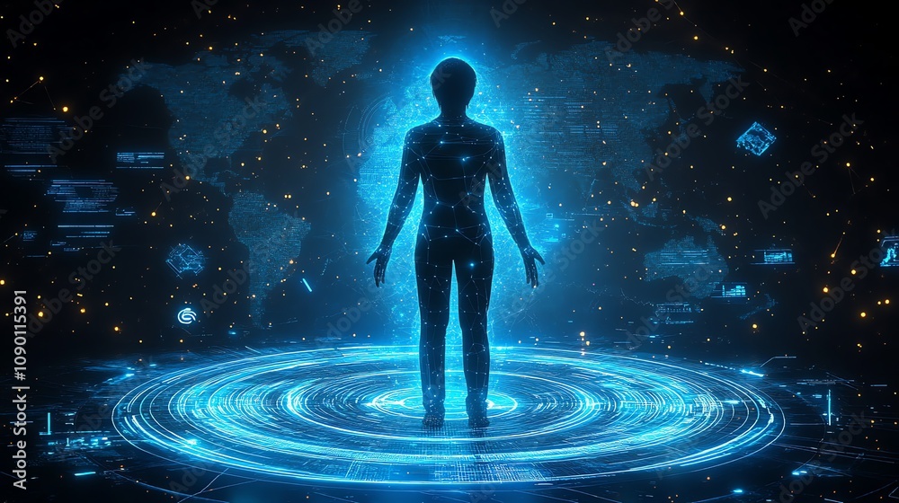 Poster Futuristic silhouette of a person surrounded by digital data and a world map, representing global connectivity and digital transformation.