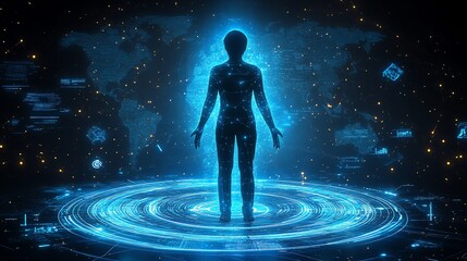 Futuristic silhouette of a person surrounded by digital data and a world map, representing global connectivity and digital transformation.