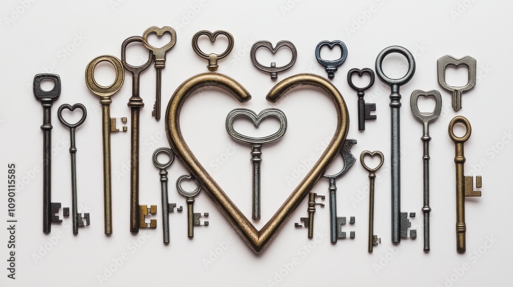 Poster A set of varied keys forming a heart shape, Symbolizing the unlocking of potential through love and inclusivity, minimalistic style