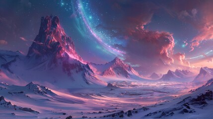 A vibrant, surreal landscape featuring majestic mountains and cosmic skies.