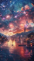 Obraz premium A magical city with a vibrant sky filled with fireworks, boats on the water, and buildings lit up.