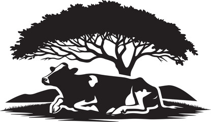 A sleepy cow silhouette lying down under a tree