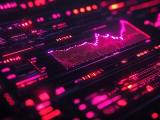 Futuristic stock market data displayed on a digital screen showing a downward trend.