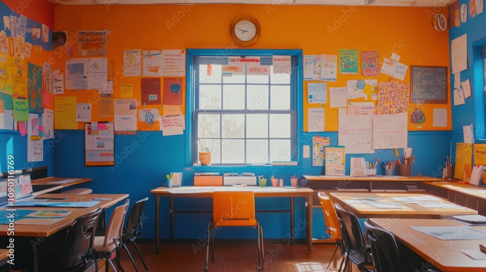 Poster a vibrant classroom with colorful walls and educational materials displayed.