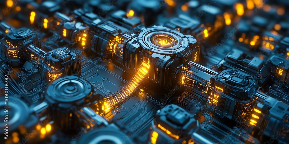 Poster futuristic technological abstract background with glowing orange elements.