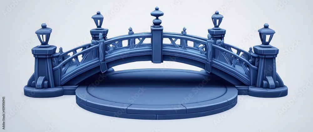 Poster a stylized blue bridge model with ornate details and lamps, suitable for 3d rendering.