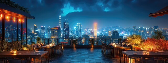 Fototapeta premium Rooftop restaurant, Elegant Rooftop Restaurant with City Skyline View at Sunset