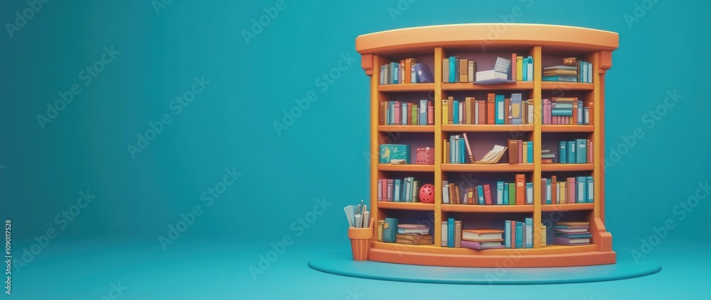 Poster a colorful bookshelf filled with various books and stationery against a blue background.