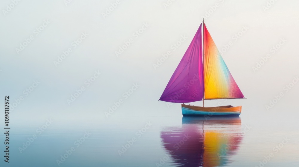 Poster A single boat with sails of different colors, Symbolizing the journey towards inclusivity with diverse contributions, minimalistic style