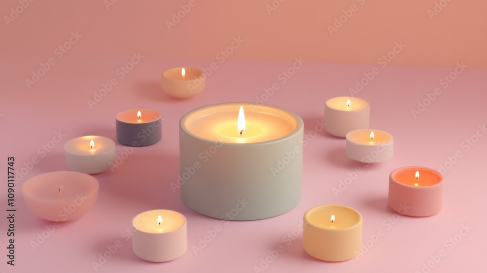 Poster a single candle surrounded by a variety of smaller candles, highlighting the illumination provided b